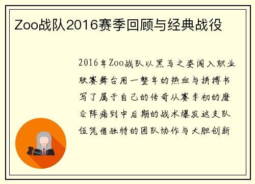 Zoo战队2016赛季回顾与经典战役